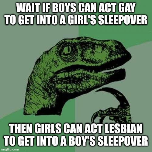 Wait what? | WAIT IF BOYS CAN ACT GAY TO GET INTO A GIRL'S SLEEPOVER; THEN GIRLS CAN ACT LESBIAN TO GET INTO A BOY'S SLEEPOVER | image tagged in memes,philosoraptor,sleepover | made w/ Imgflip meme maker