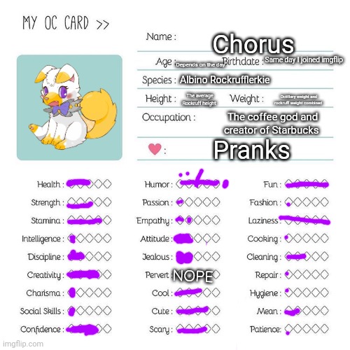 I need to get an image update soon | Chorus; Depends on the day; Same day I joined imgflip; Albino Rockrufflerkie; The average Rockruff height; Octillery weight and rockruff weight combined; The coffee god and creator of Starbucks; Pranks; NOPE | image tagged in oc card template | made w/ Imgflip meme maker