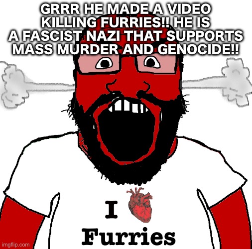 Profandomists be like: | GRRR HE MADE A VIDEO KILLING FURRIES!! HE IS A FASCIST NAZI THAT SUPPORTS MASS MURDER AND GENOCIDE!! Furries | image tagged in angry soyjak,anti furry | made w/ Imgflip meme maker