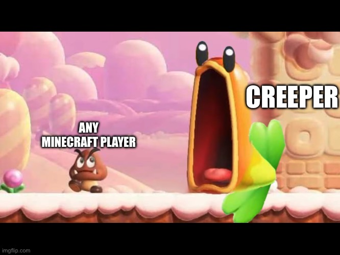 Minecraft in a nutshell | CREEPER; ANY MINECRAFT PLAYER | image tagged in i wonder what goombas taste like,minecraft,creeper | made w/ Imgflip meme maker