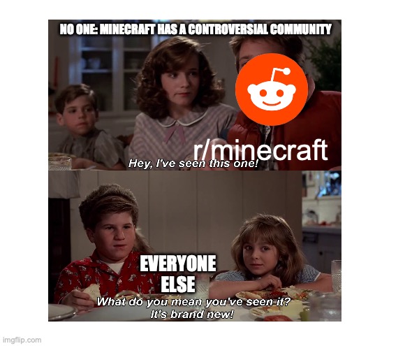 NO ONE: MINECRAFT HAS A CONTROVERSIAL COMMUNITY; r/minecraft; EVERYONE ELSE | made w/ Imgflip meme maker