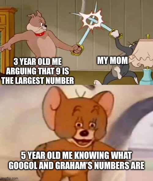 Tom and Spike fighting | MY MOM; 3 YEAR OLD ME ARGUING THAT 9 IS THE LARGEST NUMBER; 5 YEAR OLD ME KNOWING WHAT GOOGOL AND GRAHAM’S NUMBERS ARE | image tagged in tom and spike fighting | made w/ Imgflip meme maker