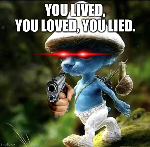 Murder smurf cat | YOU LIVED, YOU LOVED, YOU LIED. | image tagged in blue smurf cat | made w/ Imgflip meme maker