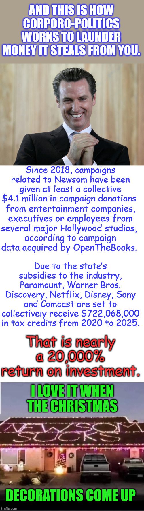Remember this is what you get voting for a career politician... | AND THIS IS HOW CORPORO-POLITICS WORKS TO LAUNDER MONEY IT STEALS FROM YOU. Since 2018, campaigns related to Newsom have been given at least a collective $4.1 million in campaign donations; from entertainment companies, executives or employees from several major Hollywood studios, according to campaign data acquired by OpenTheBooks. Due to the state’s subsidies to the industry, Paramount, Warner Bros. Discovery, Netflix, Disney, Sony and Comcast are set to collectively receive $722,068,000 in tax credits from 2020 to 2025. That is nearly a 20,000% return on investment. I LOVE IT WHEN THE CHRISTMAS; DECORATIONS COME UP | image tagged in scheming gavin newsom,blank white template,corrupt,career,politicians | made w/ Imgflip meme maker