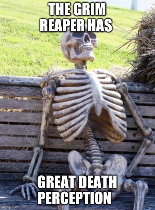 had this idea in the car | THE GRIM REAPER HAS; GREAT DEATH PERCEPTION | image tagged in memes,waiting skeleton | made w/ Imgflip meme maker