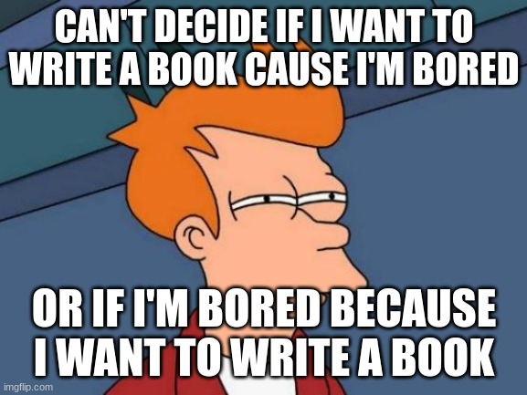Futurama Fry | CAN'T DECIDE IF I WANT TO WRITE A BOOK CAUSE I'M BORED; OR IF I'M BORED BECAUSE I WANT TO WRITE A BOOK | image tagged in memes,futurama fry | made w/ Imgflip meme maker