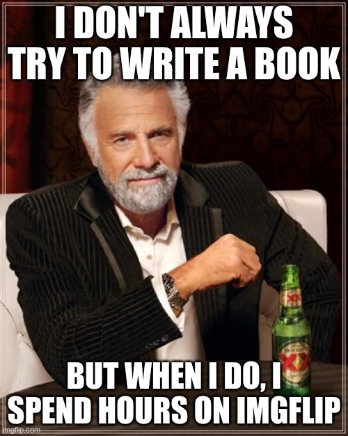 The Most Interesting Man In The World | I DON'T ALWAYS TRY TO WRITE A BOOK; BUT WHEN I DO, I SPEND HOURS ON IMGFLIP | image tagged in memes,the most interesting man in the world | made w/ Imgflip meme maker