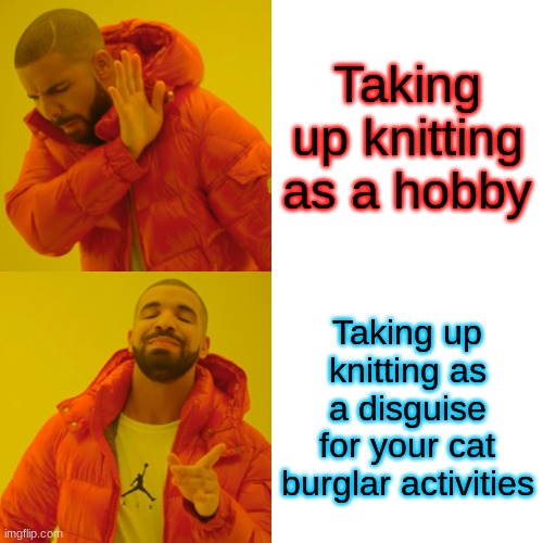 Drake Hotline Bling | Taking up knitting as a hobby; Taking up knitting as a disguise for your cat burglar activities | image tagged in memes,drake hotline bling | made w/ Imgflip meme maker