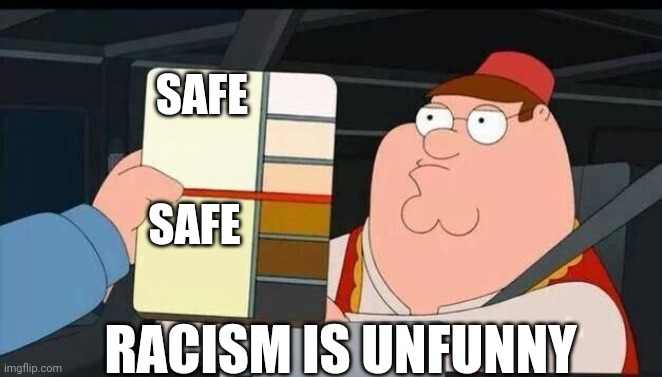 . | SAFE; SAFE; RACISM IS UNFUNNY | image tagged in peter griffin skin color chart race terrorist blank | made w/ Imgflip meme maker