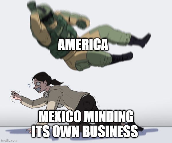economics | AMERICA; MEXICO MINDING ITS OWN BUSINESS | image tagged in rainbow six - fuze the hostage | made w/ Imgflip meme maker
