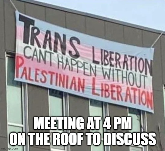 Trans Palestine Liberation | MEETING AT 4 PM ON THE ROOF TO DISCUSS | image tagged in i believe i can fly,trans,transgender,transphobic,muslim,arab | made w/ Imgflip meme maker