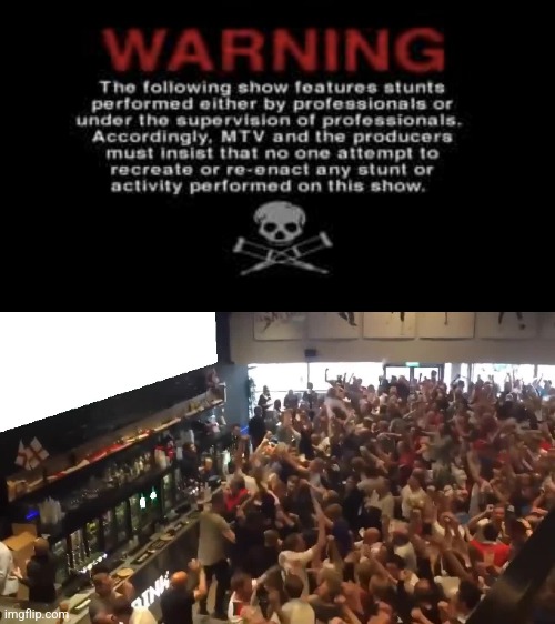 image tagged in jackass warning,crowd cheering | made w/ Imgflip meme maker