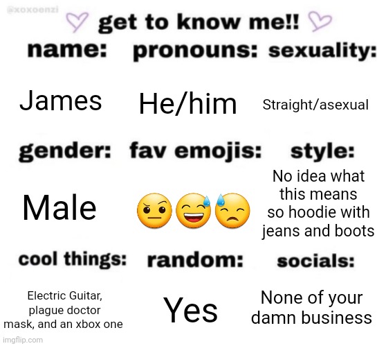 Yo | James; He/him; Straight/asexual; No idea what this means so hoodie with jeans and boots; 🤨😅😓; Male; None of your damn business; Yes; Electric Guitar, plague doctor mask, and an xbox one | image tagged in get to know me but better | made w/ Imgflip meme maker