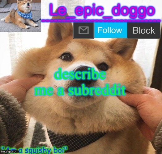 i'm back into my old personality if yall haven't noticed | describe me a subreddit | image tagged in am a squishy boi temp | made w/ Imgflip meme maker