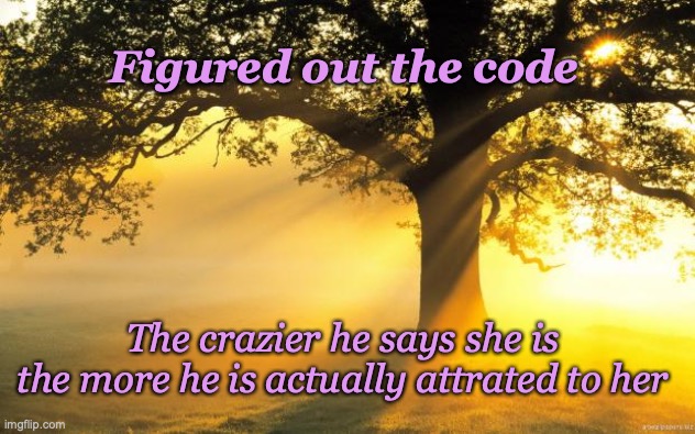 Guy Code | Figured out the code; The crazier he says she is 
the more he is actually attrated to her | image tagged in nature | made w/ Imgflip meme maker