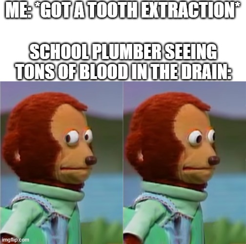 puppet Monkey looking away | ME: *GOT A TOOTH EXTRACTION*; SCHOOL PLUMBER SEEING TONS OF BLOOD IN THE DRAIN: | image tagged in puppet monkey looking away | made w/ Imgflip meme maker