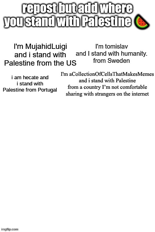 im only getting into this now because my school is getting VERY pro israel | i am hecate and i stand with Palestine from Portugal | made w/ Imgflip meme maker