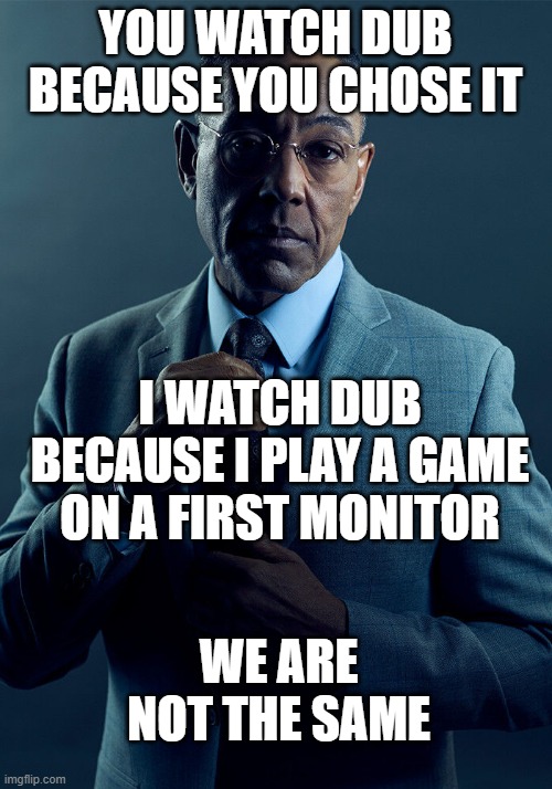 I wasn't sure what to put there | YOU WATCH DUB BECAUSE YOU CHOSE IT; I WATCH DUB BECAUSE I PLAY A GAME ON A FIRST MONITOR; WE ARE NOT THE SAME | image tagged in gus fring we are not the same,memes,anime meme | made w/ Imgflip meme maker