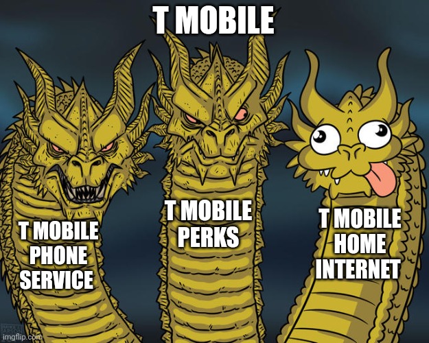 T mobile be like | T MOBILE; T MOBILE PERKS; T MOBILE HOME INTERNET; T MOBILE PHONE SERVICE | image tagged in three-headed dragon,t mobile,internet | made w/ Imgflip meme maker