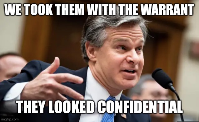 Chris Wray FBI | WE TOOK THEM WITH THE WARRANT THEY LOOKED CONFIDENTIAL | image tagged in chris wray fbi | made w/ Imgflip meme maker