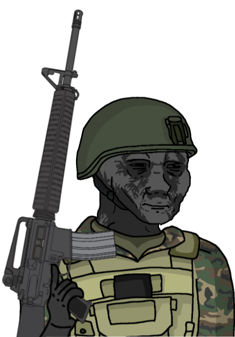 High Quality Wojak Distressed Eroican Soldier Welding a Colt M16A3 Blank Meme Template
