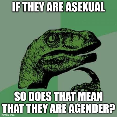 Does it mean that they canonically genderless? | IF THEY ARE ASEXUAL; SO DOES THAT MEAN THAT THEY ARE AGENDER? | image tagged in memes,philosoraptor,lgbt,sexuality | made w/ Imgflip meme maker