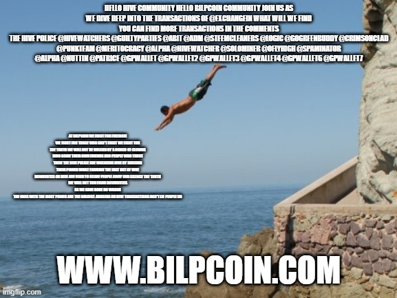 Cliff Diver | HELLO HIVE COMMUNITY HELLO BILPCOIN COMMUNITY JOIN US AS WE DIVE DEEP INTO THE TRANSACTIONS OF @EXCHANGEIN WHAT WILL WE FIND
YOU CAN FIND MORE TRANSACTIONS IN THE COMMENTS
THE HIVE POLICE @HIVEWATCHERS @GUILTYPARTIES @ABIT @ADM @STEEMCLEANERS @LOGIC @GOGREENBUDDY @CRIMSONCLAD @PUNKTEAM @MERITOCRACY @ALPHA @HIVEWATCHER @SOLOMINER @OFLYHIGH @SPAMINATOR @ALPHA @NUTTIN @PATRICE @GPWALLET @GPWALLET2 @GPWALLET3 @GPWALLET4 @GPWALLET6 @GPWALLET7; AT BILPCOIN WE FIGHT FOR FREEDOM WE FIGHT FOR THOSE WHO CAN'T FIGHT WE FIGHT FOR THE TRUTH WE WILL NOT BE BULLIED BY A BUNCH OF CLOWNS WHO SCAM THEIR OWN FRIENDS AND PEOPLE WHO TRUST THEM THE HIVE POLICE ARE WREAKING HIVE BY ABUSING THEIR POWER WHILE FARMING THE SHIT OUT OF HIVE
DOWNVOTES ON HIVE ARE USED TO SCARE PEOPLE AWAY AND SILENCE THE TRUTH
WE WILL NOT RUN FROM DOWNVOTES AS WE HAVE DONE NO WRONG
THE ONES WITH THE MOST POWER ARE THE BIGGEST ABUSERS ON HIVE TRANSACTIONS DON'T LIE PEOPLE DO; WWW.BILPCOIN.COM | image tagged in cliff diver | made w/ Imgflip meme maker