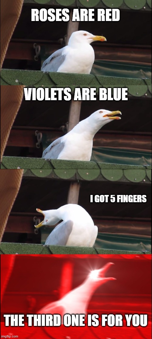 Inhaling Seagull Meme | ROSES ARE RED; VIOLETS ARE BLUE; I GOT 5 FINGERS; THE THIRD ONE IS FOR YOU | image tagged in memes,inhaling seagull | made w/ Imgflip meme maker