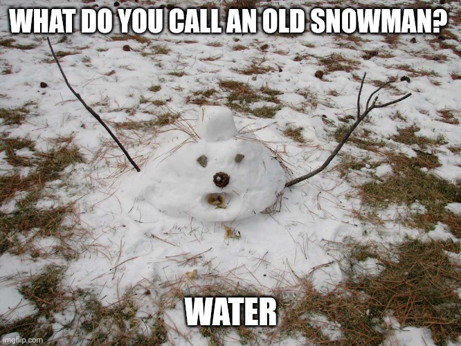 Melted Snowman | WHAT DO YOU CALL AN OLD SNOWMAN? WATER | image tagged in melted snowman,memes,dad joke,jokes,humor | made w/ Imgflip meme maker