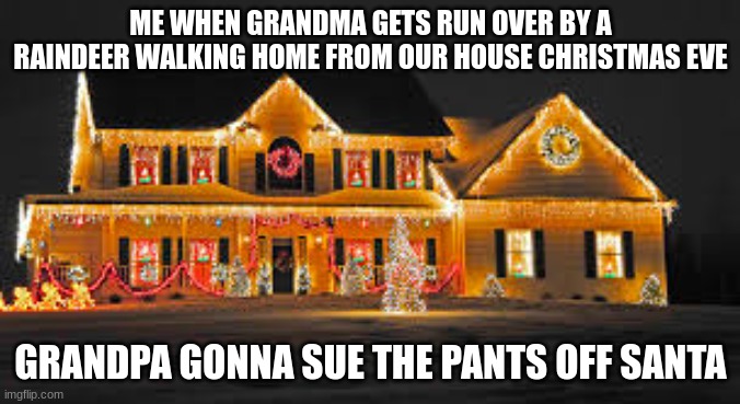christmas memes | ME WHEN GRANDMA GETS RUN OVER BY A RAINDEER WALKING HOME FROM OUR HOUSE CHRISTMAS EVE; GRANDPA GONNA SUE THE PANTS OFF SANTA | image tagged in christmas lights | made w/ Imgflip meme maker