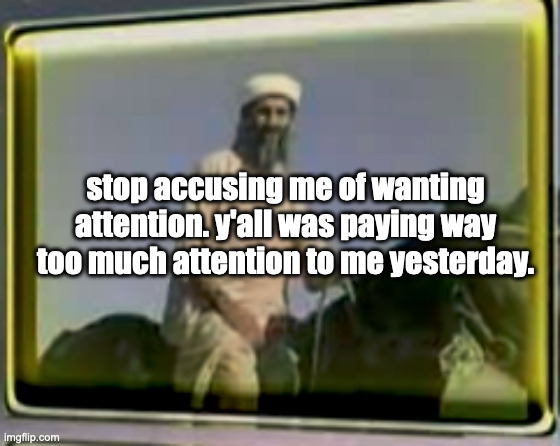 i'm sorry for real. if you don't forgive me, then you're clearly a spiteful loser. | stop accusing me of wanting attention. y'all was paying way too much attention to me yesterday. | image tagged in osama on horse | made w/ Imgflip meme maker