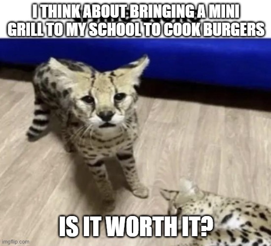 huh | I THINK ABOUT BRINGING A MINI GRILL TO MY SCHOOL TO COOK BURGERS; IS IT WORTH IT? | image tagged in huh | made w/ Imgflip meme maker