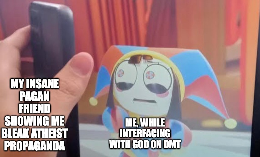 Pomni Phone Meme | MY INSANE PAGAN FRIEND SHOWING ME BLEAK ATHEIST PROPAGANDA; ME, WHILE INTERFACING WITH GOD ON DMT | image tagged in pomni phone meme,atheism,pagan,christianity,religion,the amazing digital circus | made w/ Imgflip meme maker