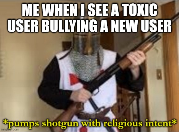 Like bro, what did they ever do to you | ME WHEN I SEE A TOXIC USER BULLYING A NEW USER | image tagged in loads shotgun with religious intent,toxic,new users,new user,toxic user,why | made w/ Imgflip meme maker