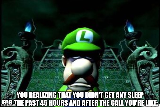 Depressed Luigi | YOU REALIZING THAT YOU DIDN'T GET ANY SLEEP FOR THE PAST 45 HOURS AND AFTER THE CALL YOU'RE LIKE: | image tagged in depressed luigi | made w/ Imgflip meme maker