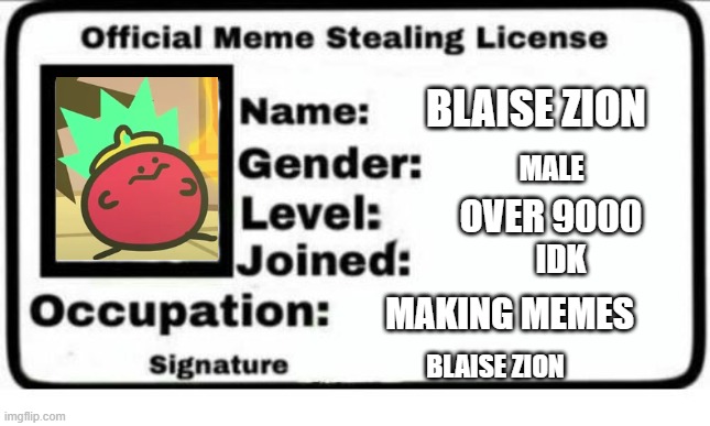 Meme stealing license | BLAISE ZION; MALE; OVER 9000; IDK; MAKING MEMES; BLAISE ZION | image tagged in meme stealing license | made w/ Imgflip meme maker