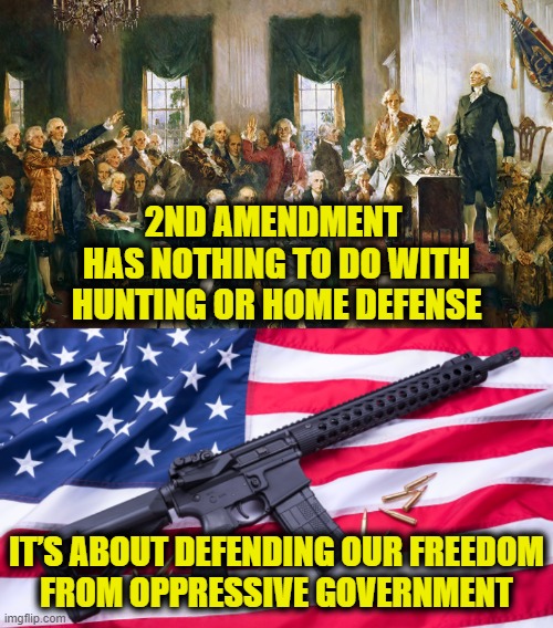 2nd amendment | 2ND AMENDMENT 
HAS NOTHING TO DO WITH
HUNTING OR HOME DEFENSE; IT’S ABOUT DEFENDING OUR FREEDOM
FROM OPPRESSIVE GOVERNMENT | image tagged in 2nd amendment | made w/ Imgflip meme maker