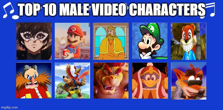 top 10 male video game characters | TOP 10 MALE VIDEO CHARACTERS | image tagged in top 10 favorite disney animation soundtracks,videogames,nintendo,crash bandicoot,eggman,xbox | made w/ Imgflip meme maker