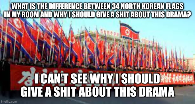 I’m posting this whenever dumb asf drama goes down from now on | WHAT IS THE DIFFERENCE BETWEEN 34 NORTH KOREAN FLAGS IN MY ROOM AND WHY I SHOULD GIVE A SHIT ABOUT THIS DRAMA? I CAN’T SEE WHY I SHOULD GIVE A SHIT ABOUT THIS DRAMA | made w/ Imgflip meme maker