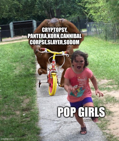 Orangutan chasing girl on a tricycle | CRYPTOPSY, PANTERA,KORN,CANNIBAL CORPSE,SLAYER,SODOM; POP GIRLS | image tagged in orangutan chasing girl on a tricycle | made w/ Imgflip meme maker
