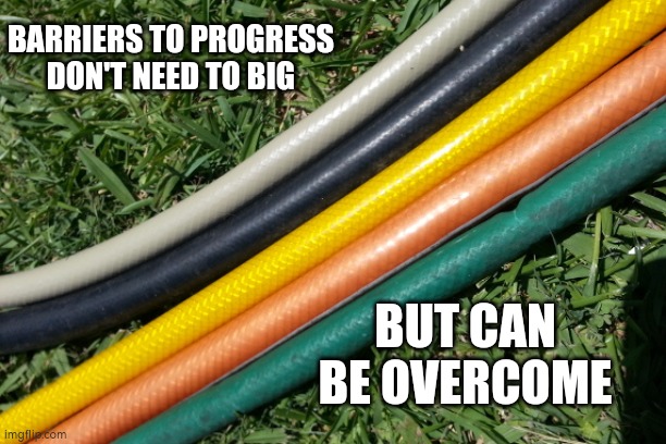 Small Barriers large for some | BARRIERS TO PROGRESS DON'T NEED TO BIG; BUT CAN BE OVERCOME | image tagged in hose of all colors,autism,disability,challenge | made w/ Imgflip meme maker