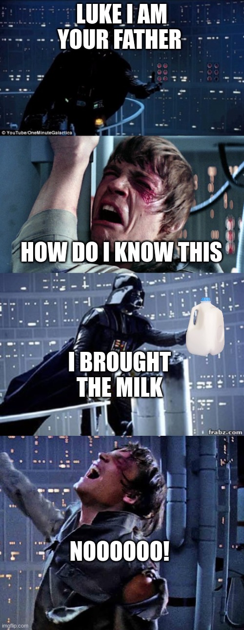 brining home the milk | LUKE I AM YOUR FATHER; HOW DO I KNOW THIS; I BROUGHT THE MILK; NOOOOOO! | image tagged in darth vader luke skywalker,darth vader,mark hamill as luke skywalker | made w/ Imgflip meme maker