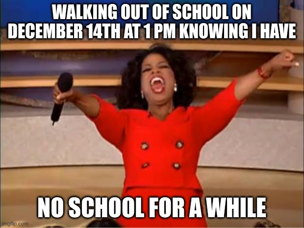 lets goooo | WALKING OUT OF SCHOOL ON DECEMBER 14TH AT 1 PM KNOWING I HAVE; NO SCHOOL FOR A WHILE | image tagged in memes,oprah you get a,christmas,funny,upvotes | made w/ Imgflip meme maker