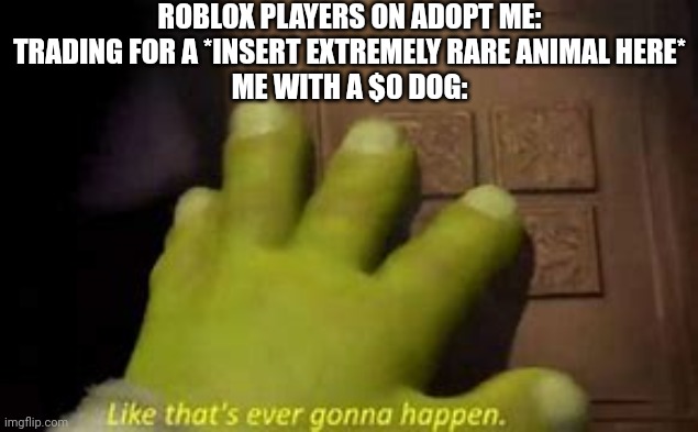 E | ROBLOX PLAYERS ON ADOPT ME: TRADING FOR A *INSERT EXTREMELY RARE ANIMAL HERE*
ME WITH A $0 DOG: | image tagged in like that's ever gonna happen,adopt me,roblox,roblox meme,shrek,poor | made w/ Imgflip meme maker