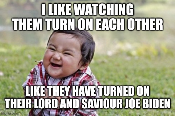 Evil Toddler Meme | I LIKE WATCHING THEM TURN ON EACH OTHER LIKE THEY HAVE TURNED ON THEIR LORD AND SAVIOUR JOE BIDEN | image tagged in memes,evil toddler | made w/ Imgflip meme maker
