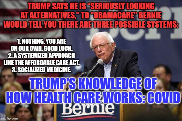 People dying from COVID-19 they caught on Trump's watch make it our 4th leading cause of death | TRUMP SAYS HE IS “SERIOUSLY LOOKING AT ALTERNATIVES," TO "OBAMACARE" BERNIE WOULD TELL YOU THERE ARE THREE POSSIBLE SYSTEMS:; 1. NOTHING. YOU ARE ON OUR OWN. GOOD LUCK.
2. A SYSTEMIZED APPROACH LIKE THE AFFORDABLE CARE ACT.
3. SOCIALIZED MEDICINE. TRUMP'S KNOWLEDGE OF HOW HEALTH CARE WORKS: COVID | image tagged in politics | made w/ Imgflip meme maker