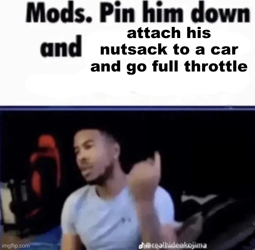 nyehehehe | attach his nutsack to a car and go full throttle | image tagged in mods pin him down and twist his nuts counter-clockwise | made w/ Imgflip meme maker