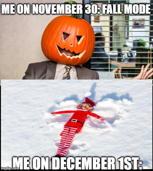 Ahhh I love pumpkin spice, and apple cider and- OH IT'S DECEMBER TIME FOR CHRISTMAS LIGHTS | ME ON NOVEMBER 30: FALL MODE; ME ON DECEMBER 1ST: | image tagged in the office,christmas,fall,november,december,why are you reading the tags | made w/ Imgflip meme maker