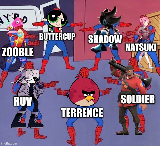 Multiple Characters with attitude | BUTTERCUP; SHADOW; NATSUKI; ZOOBLE; SOLDIER; RUV; TERRENCE | image tagged in spiderman multiple,the amazing digital circus,doki doki literature club,team fortress 2,angry birds,powerpuff girls | made w/ Imgflip meme maker