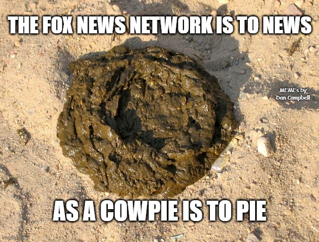 Cow shit | THE FOX NEWS NETWORK IS TO NEWS; MEMEs by Dan Campbell; AS A COWPIE IS TO PIE | image tagged in cow shit | made w/ Imgflip meme maker